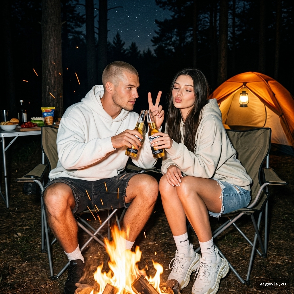 Кандидный ночной портрет пары у костра в сосновом лесу — кемпинг эстетика (9:16)