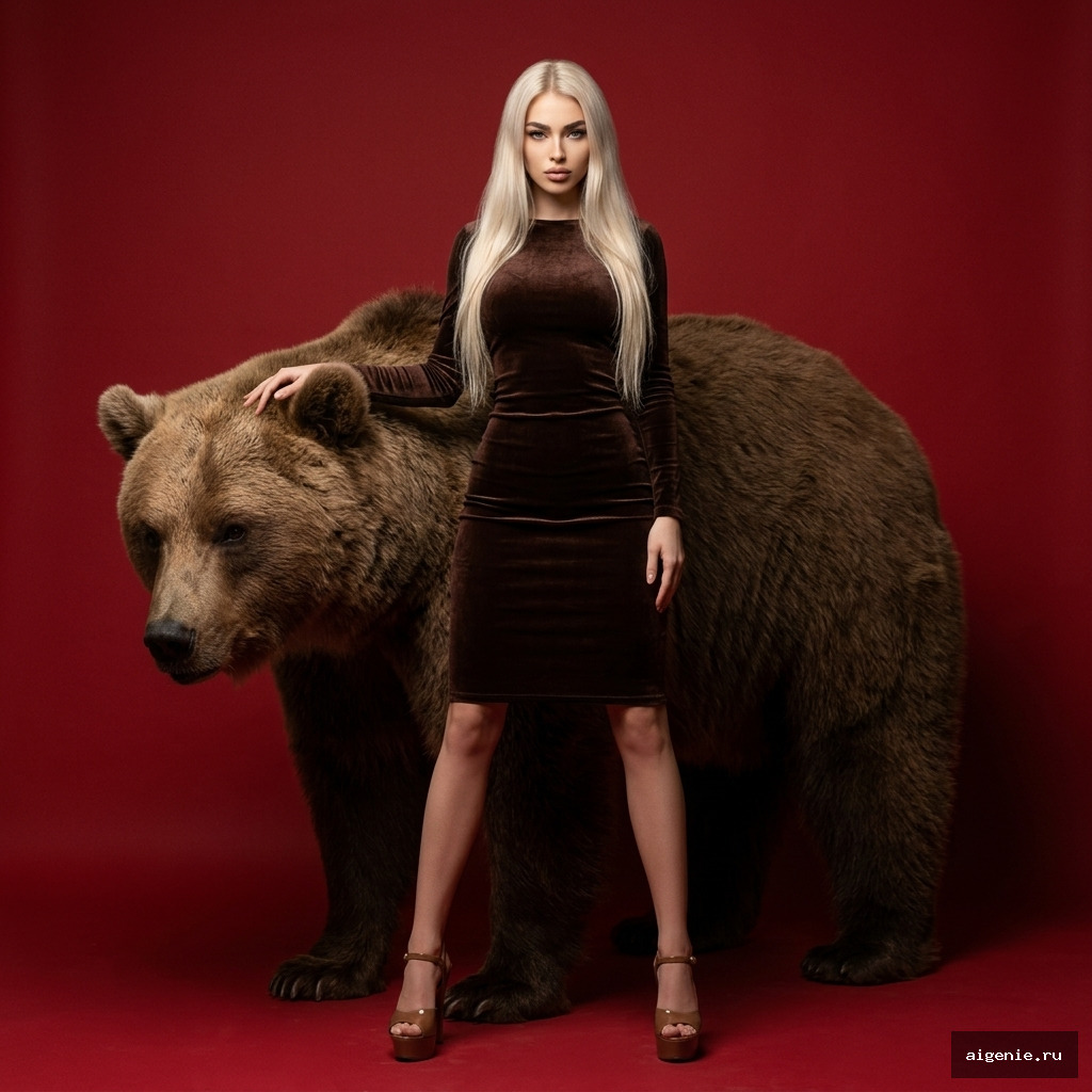 Ультрареалистичная high-fashion фотография девушки с бурым медведем на красном фоне — русская эстетика