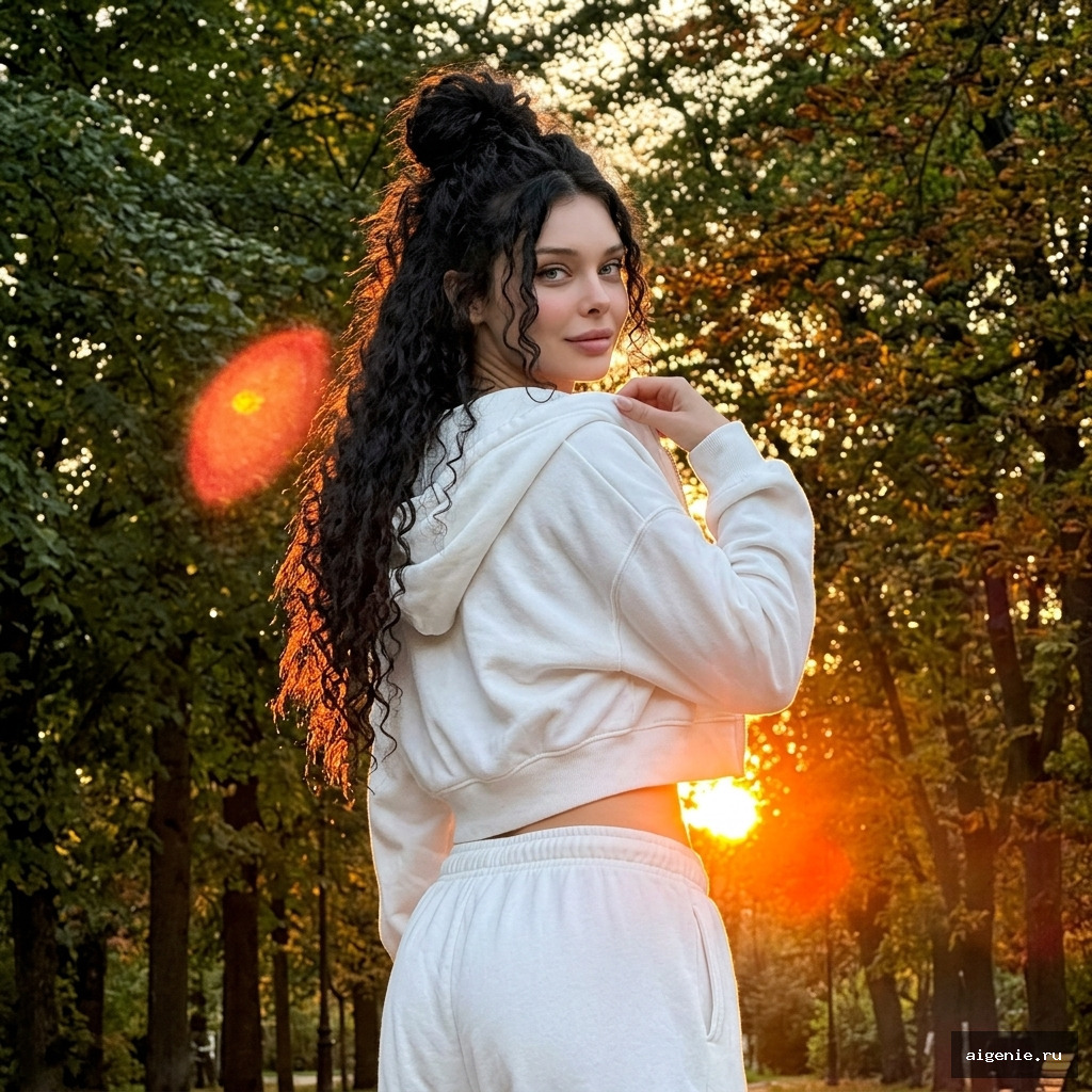 Гиперреалистичный портрет девушки на парковой аллее в золотой час с lens flare и контровым светом (9:16)