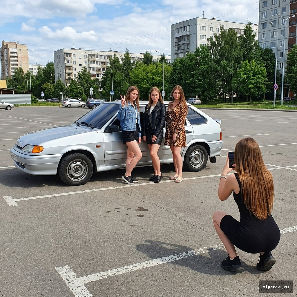 Реалистичная уличная фотография автомобиля с четырьмя девушками на летней парковке в российском городе