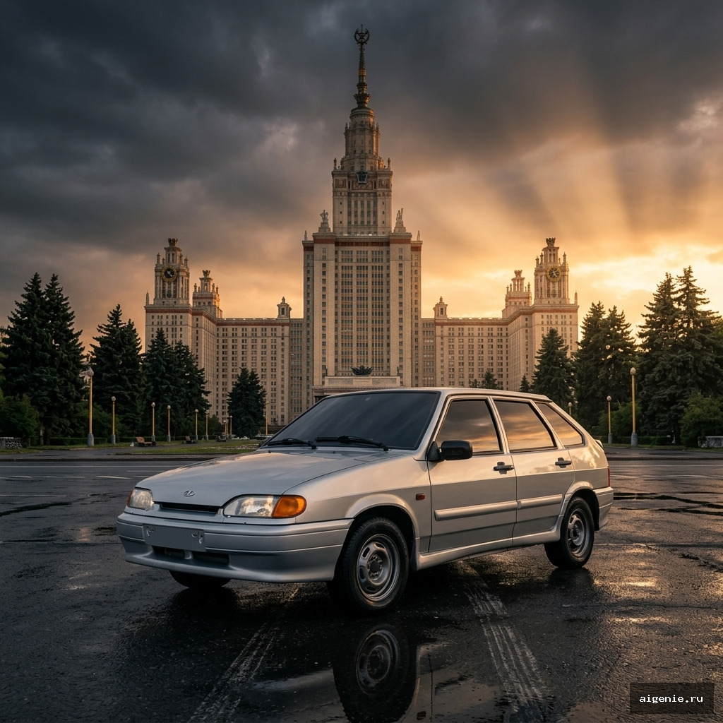 Кинематографичная автофотография на Воробьёвых горах с МГУ на закате