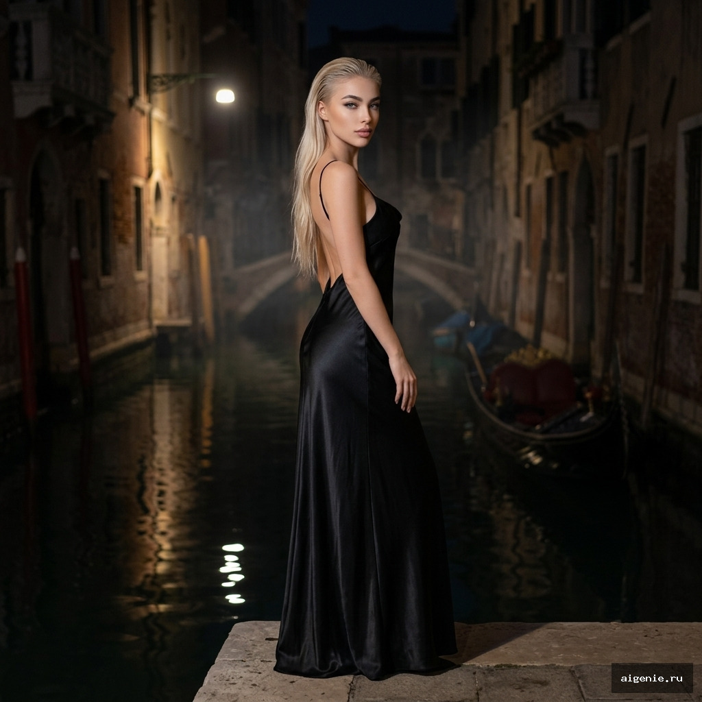 Кинематографичный luxury fashion портрет девушки в чёрном атласном платье у ночного канала в Венеции