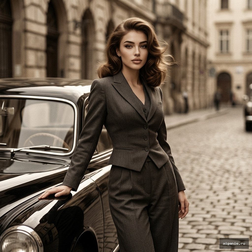 Фотореалистичная винтажная модная съёмка 1950-х — девушка у классического авто на европейской брусчатке